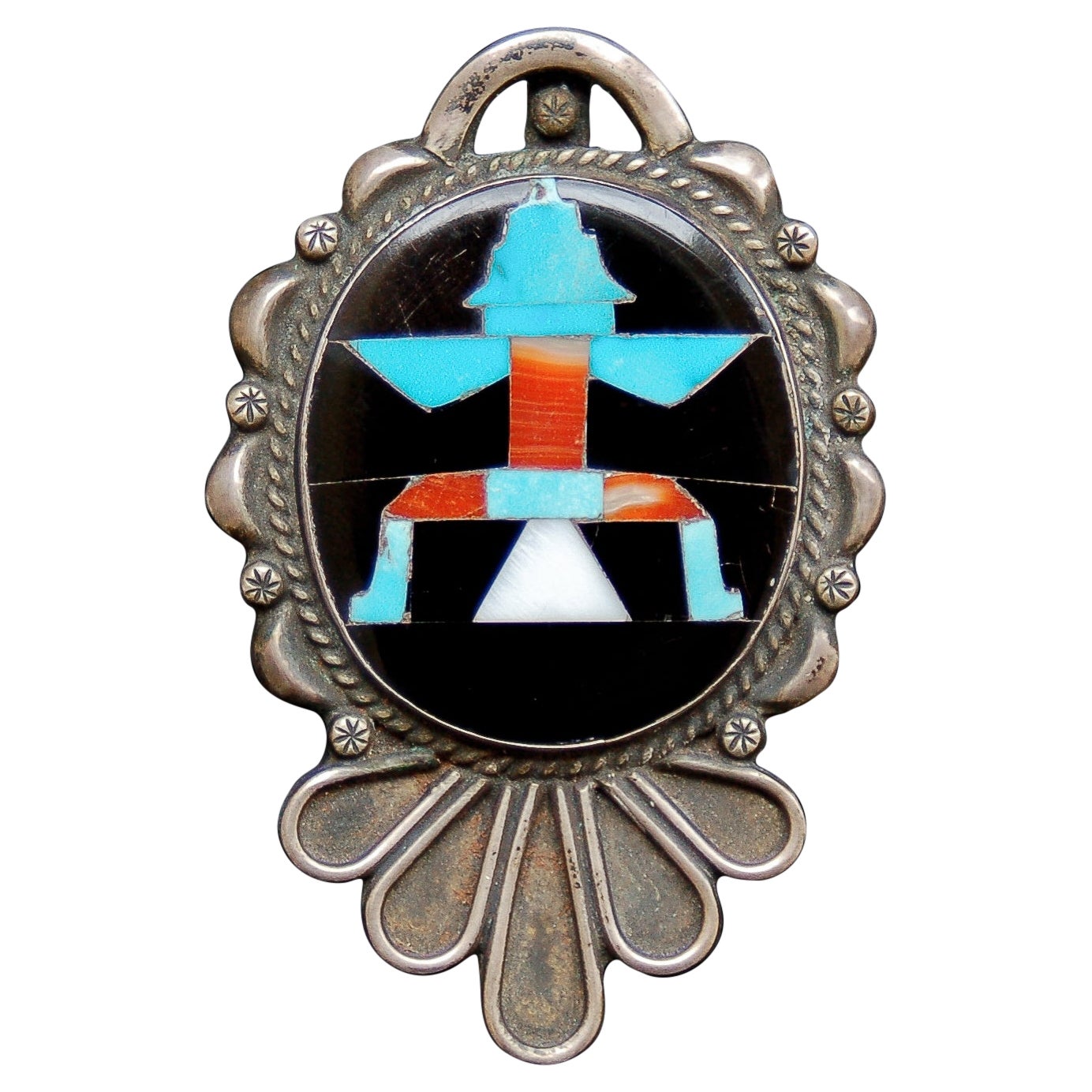 Historic John Gordon Leak Zuni Knife Wing Inlaid Pendant / Pin, 1938