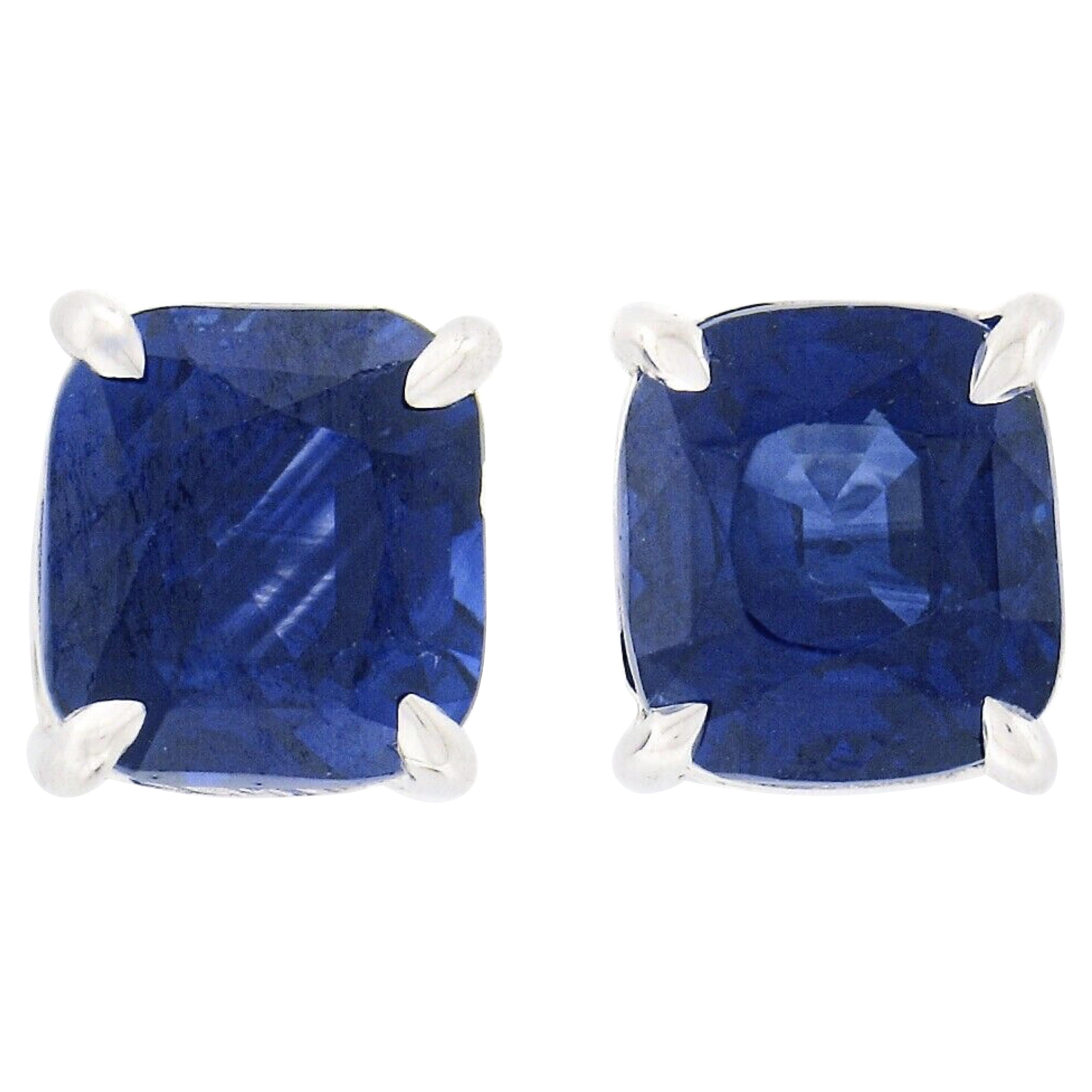 New 18K White Gold GIA Cushion Brilliant Prong Royal Blue Sapphire Stud Earrings For Sale