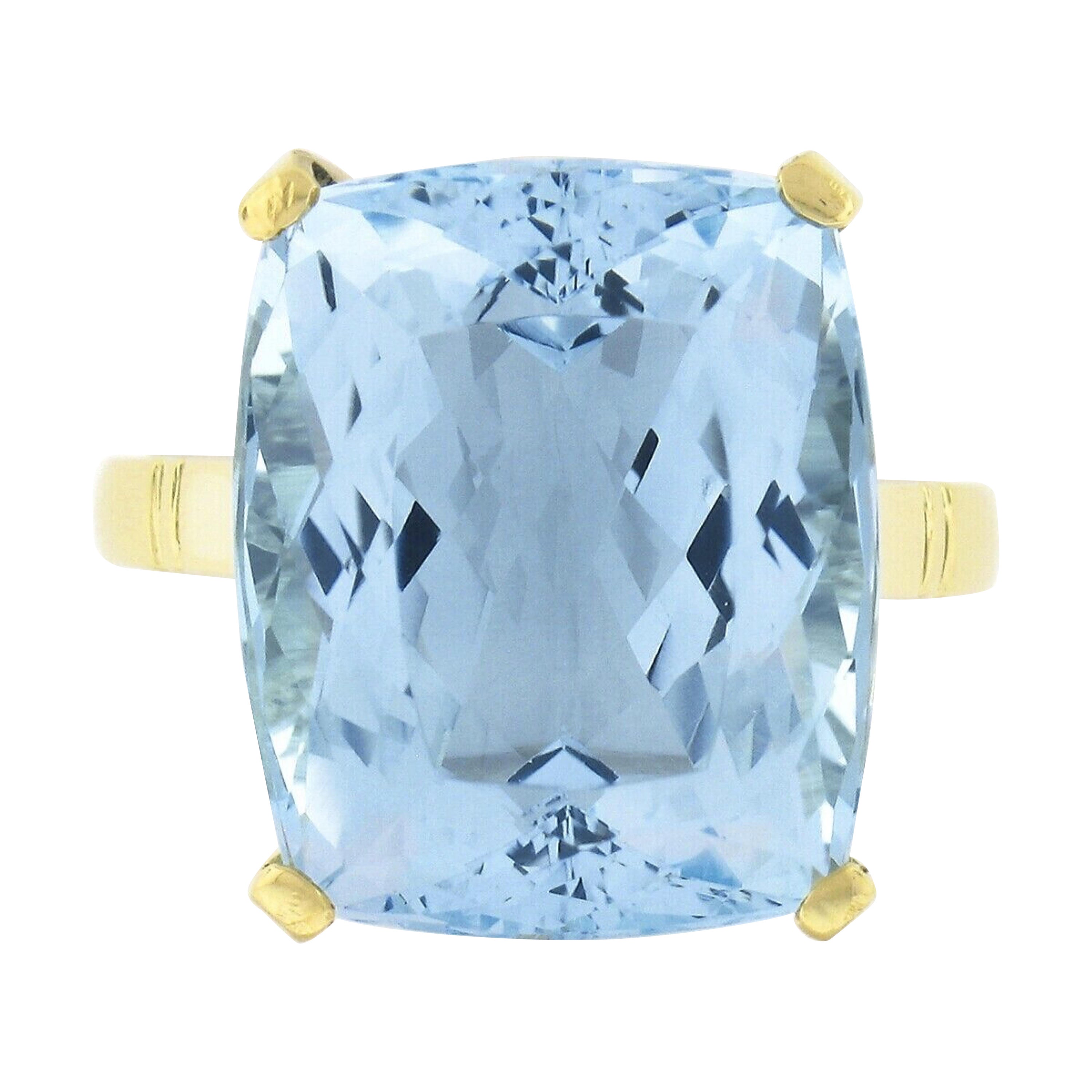 18k Yellow Gold Large GIA Rectangular Cushion Aquamarine Solitaire Cocktail Ring For Sale