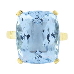 Antique 18k Yellow Gold Large GIA Rectangular Cushion Aquamarine Solitaire Cocktail Ring