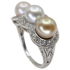 J E Caldwell Belle Epoque Certified 3 Natural Colored Pearls and Diamond Ring