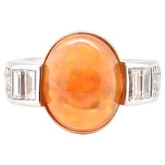 Vintage 9.03 Carat, Natural Fire Opal and Diamond Cocktail Ring Set in Platinum & Gold