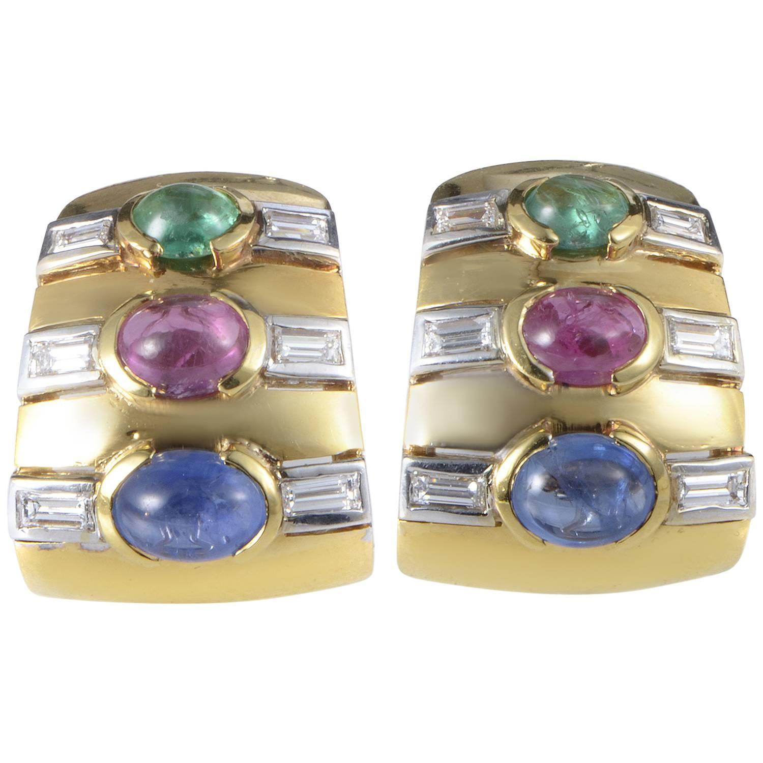 Multicolor Gold Precious Gemstone Clip-On Earrings