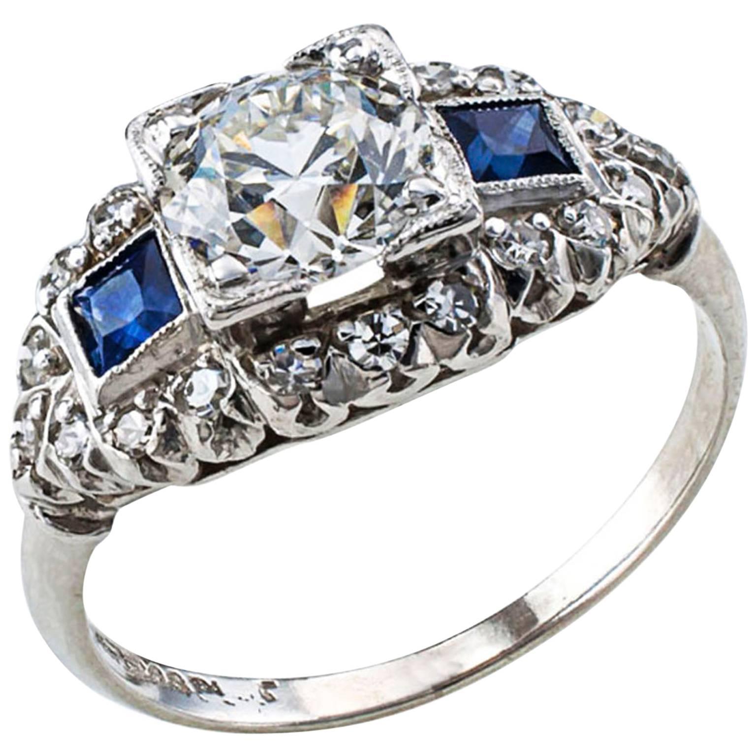 Art Deco Sapphire Diamond Platinum Engagement Ring