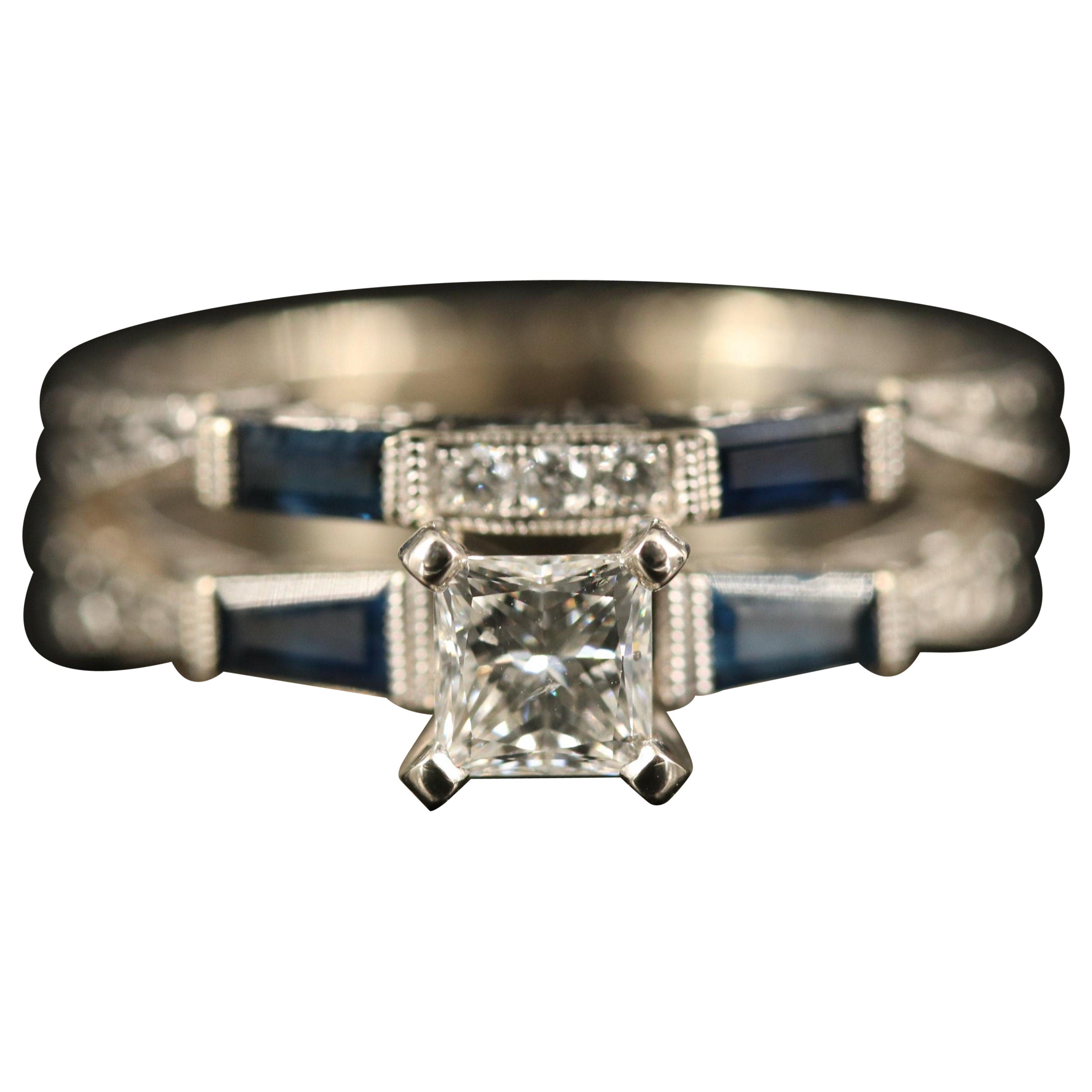 For Sale:  Vintage 1.23 Carat Princess Cut Diamond Sapphire Bridal Ring Set in 18K Gold