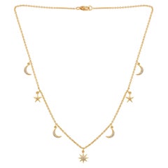 0.19 Carat SI/HI Diamond Moon & Starburst Charm Necklace 18 Karat Yellow Gold