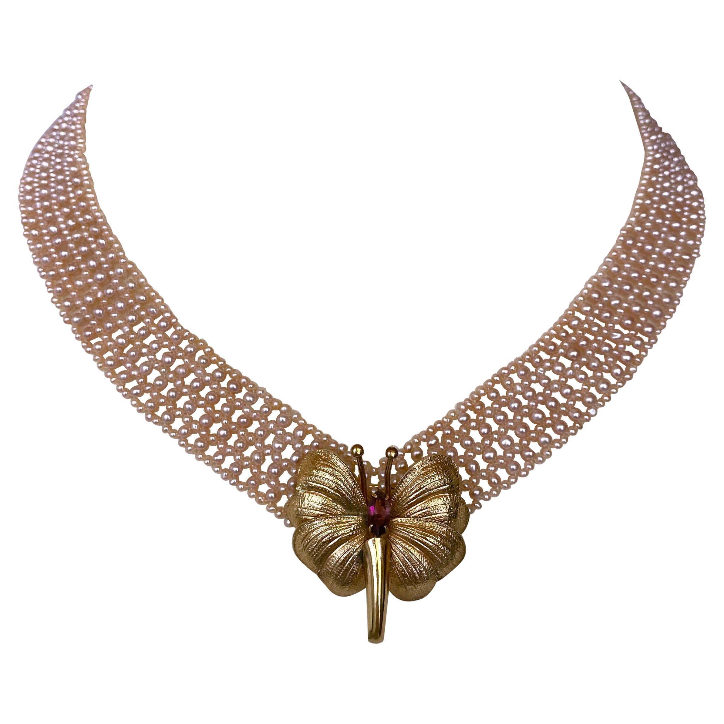 Marina J. Pink Pearl Woven 'V' Necklace with 14k Gold Clasp & Vintage Brooch