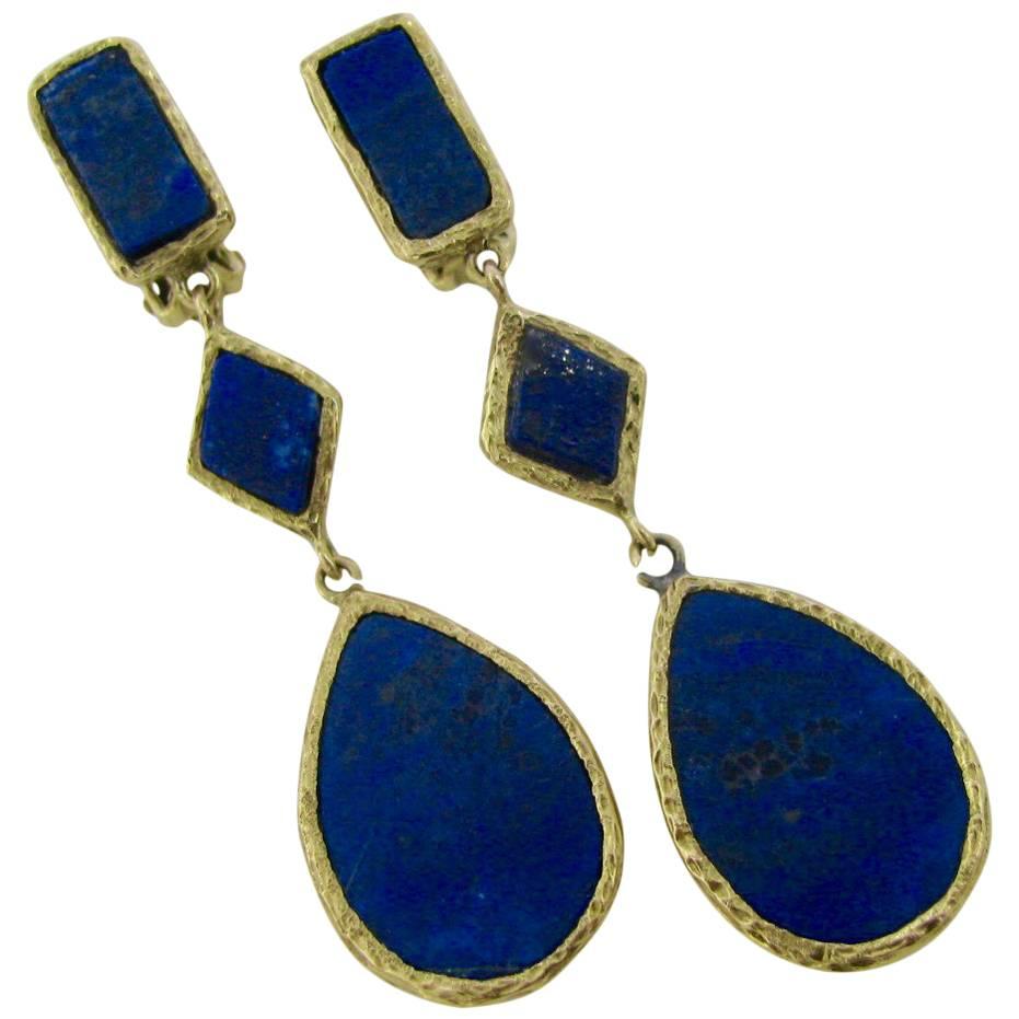 1970s Lapis Lazuli  Gold Dangle Earrings