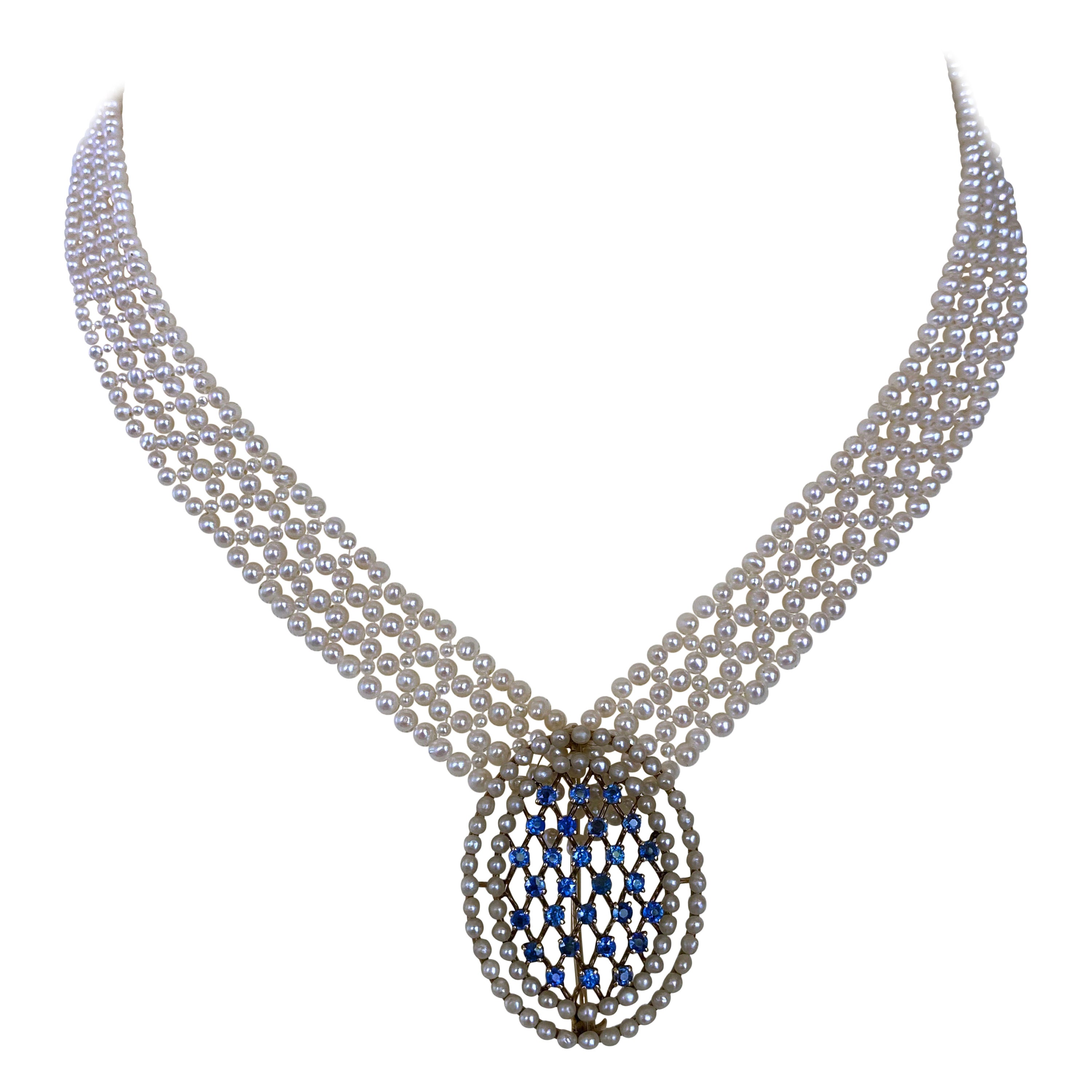 Marina J. Collier tissé en perles avec broche vintage en saphir bleu 14 carats et perles en vente