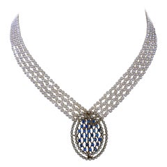 Marina J. Pearl woven Necklace with 14k Vintage Blue Sapphire & Pearl Brooch