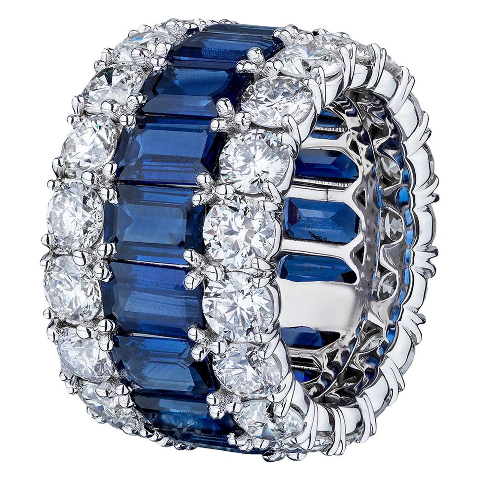 17.62 Carat Emerald Cut Sapphire and Diamond Wide Eternity Band Ring For Sale