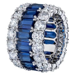 17.62 Carat Emerald Cut Sapphire and Diamond Wide Eternity Band Ring