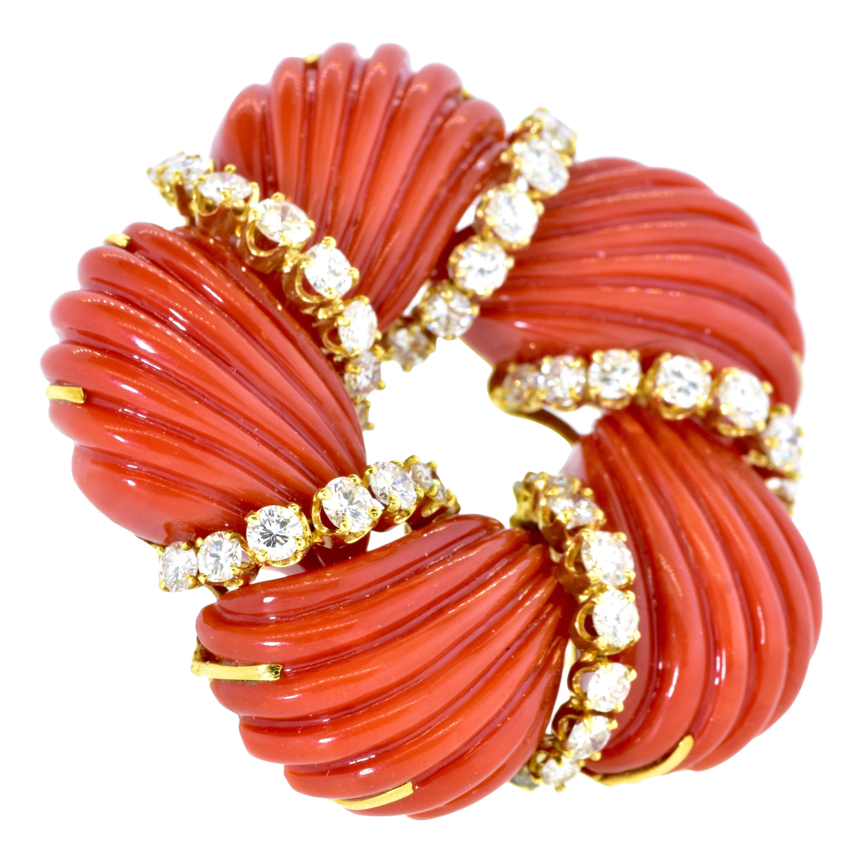 Tiffany & Co. Vintage Diamond and Oxblood Natural Coral Brooch, c. 1965