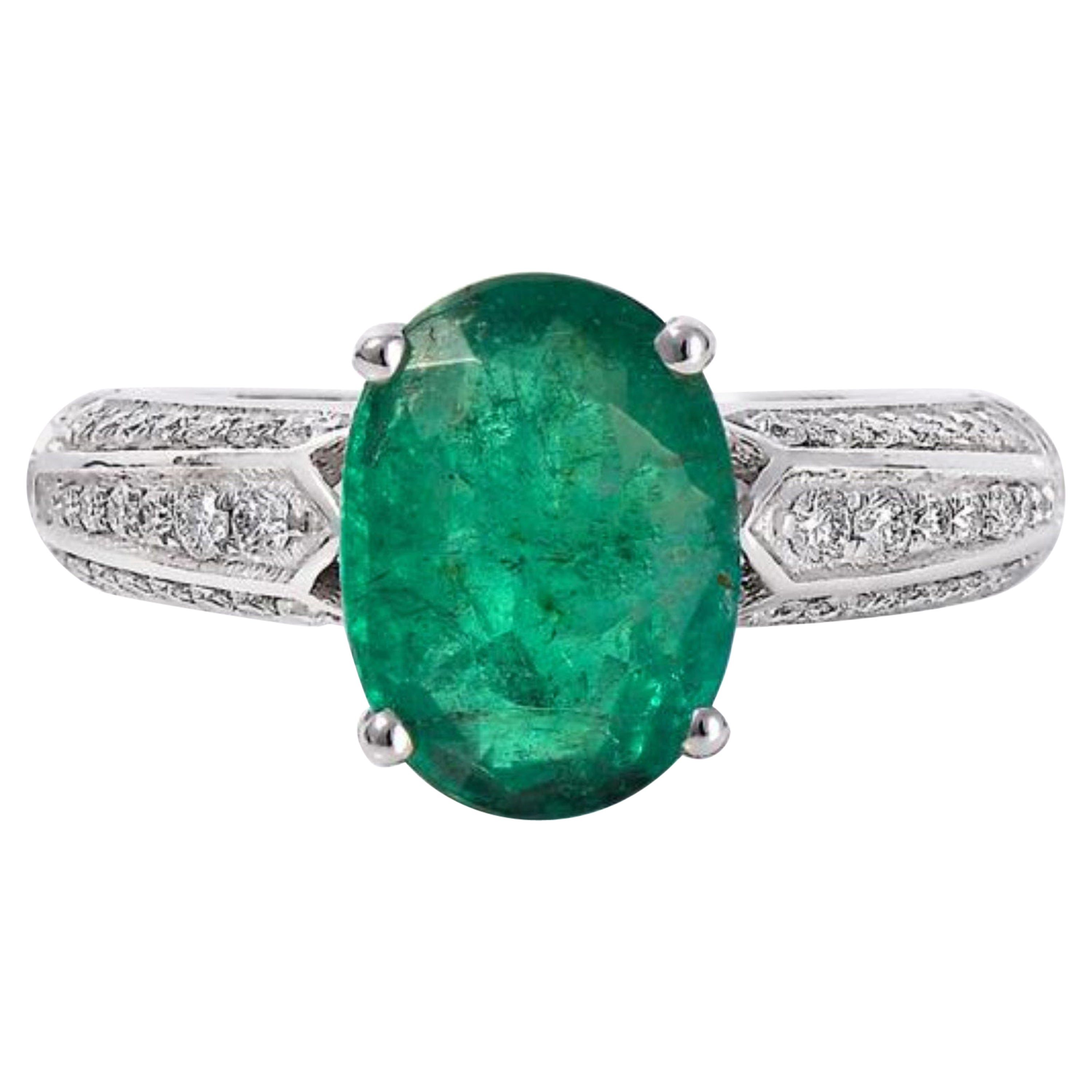 For Sale:  Unique 2 Carat Oval Cut Emerald Diamond Engagement Ring, Vintage White Gold Ring