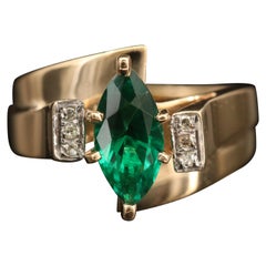 Art Deco Marquise Cut Emerald Wedding Band Natural Emerald Diamond Cocktail Ring