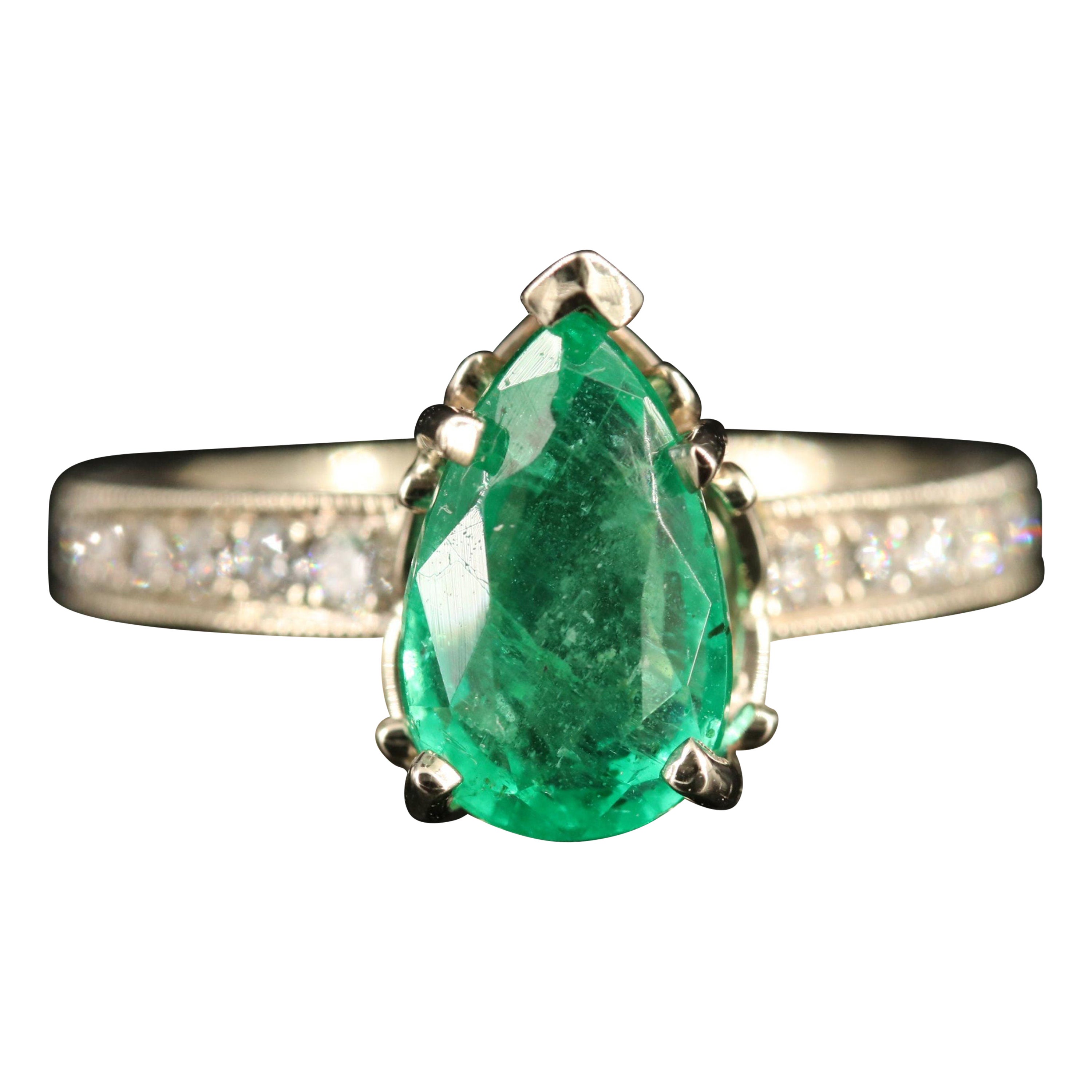 For Sale:  1.5 Carat Pear Cut Emerald Diamond Engagement Ring Minimalist Gold Wedding Ring
