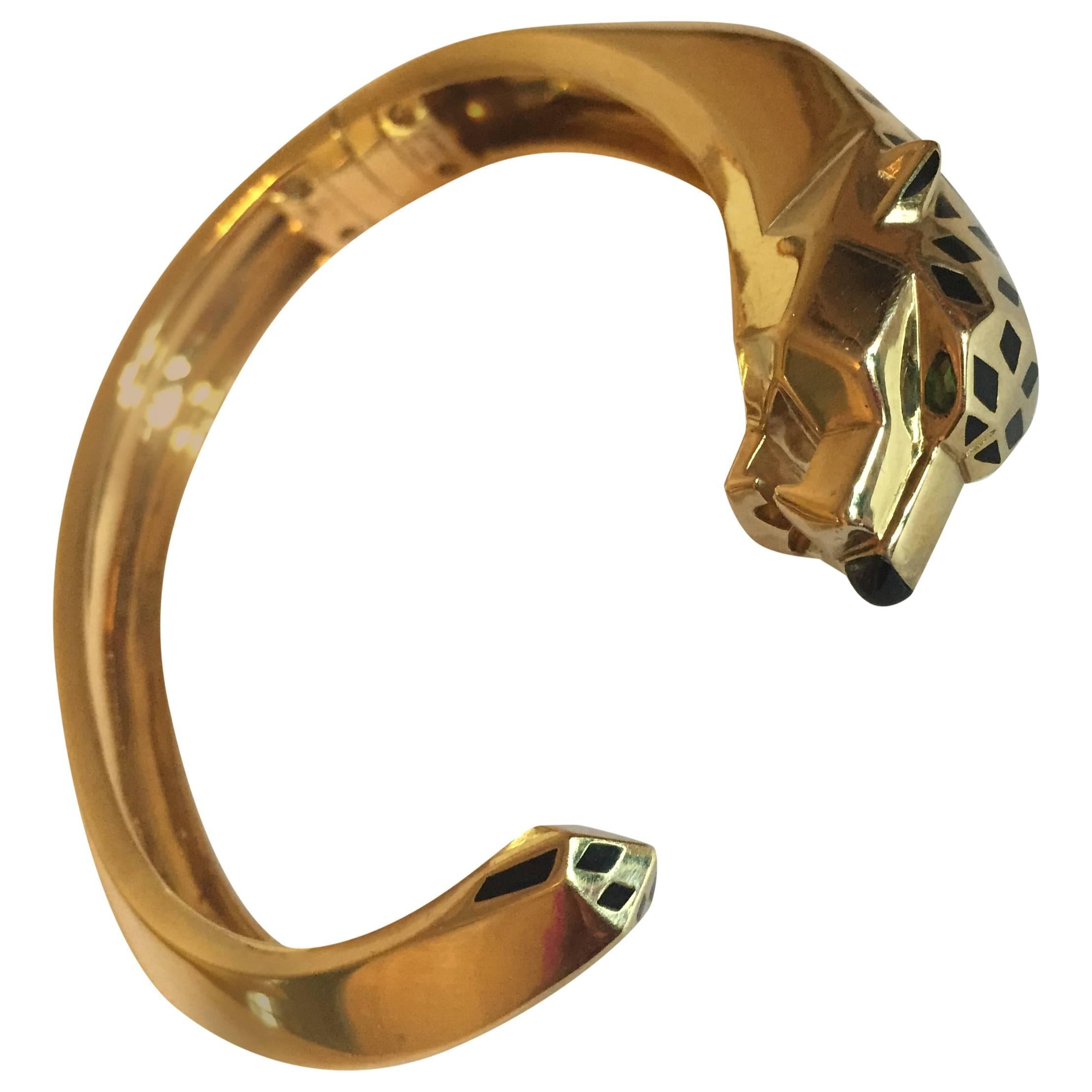 Cartier Panthere De Cartier Lacquer Tsavorite Onyx Gold Bangle Bracelet For Sale
