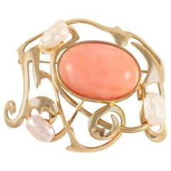 1980s Coral Pearl Gold Brooch