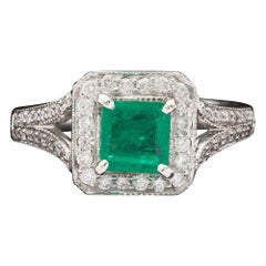 2 Carat Halo Emerald Engagement Rings, Vintage Emerald Diamond Bridal Ring