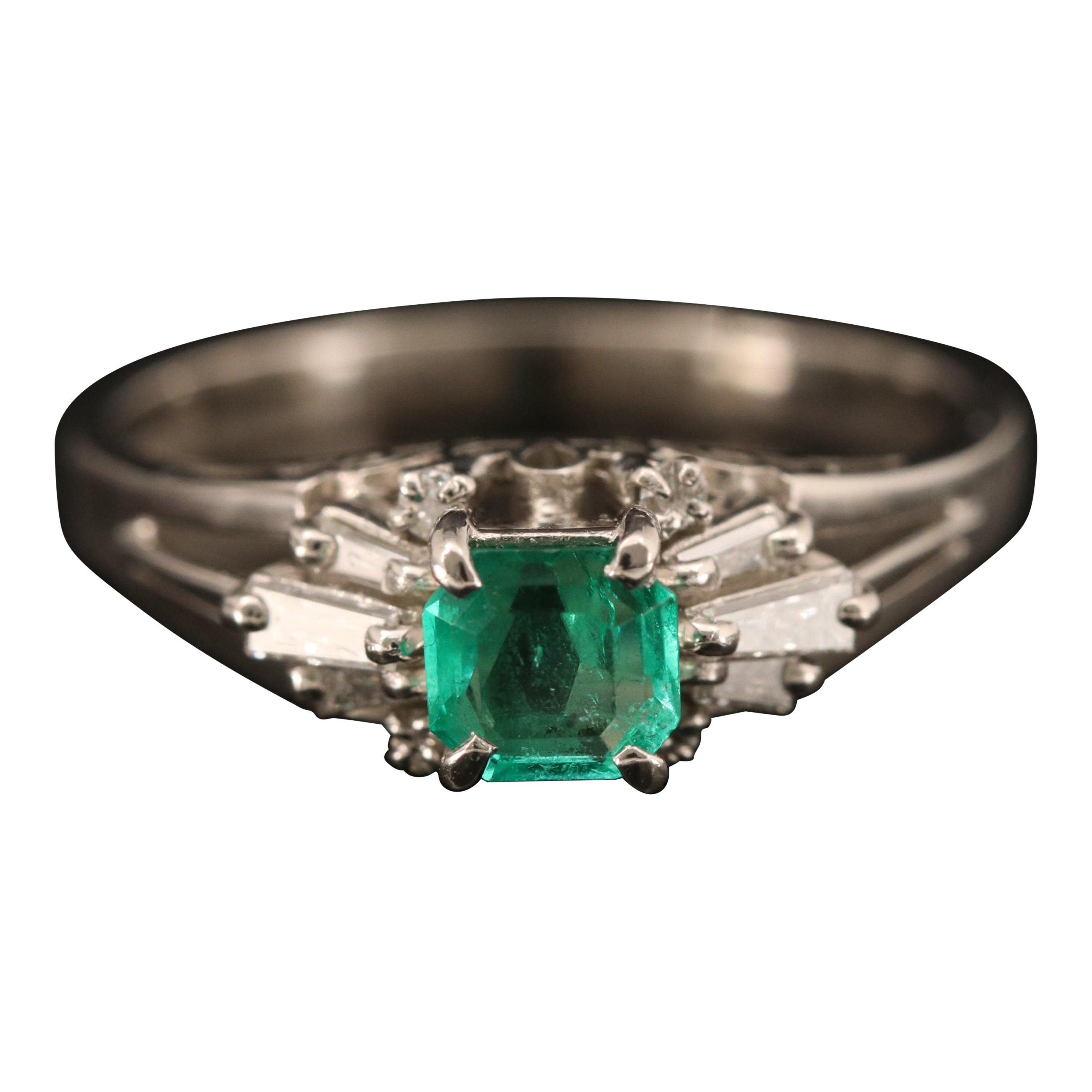 Art Deco Emerald Diamond Engagement Ring, Minimalist Emerald Wedding Ring