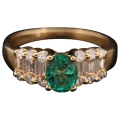 18K Gold Natural Emerald and Diamond Antique Art Deco Style Engagement Ring