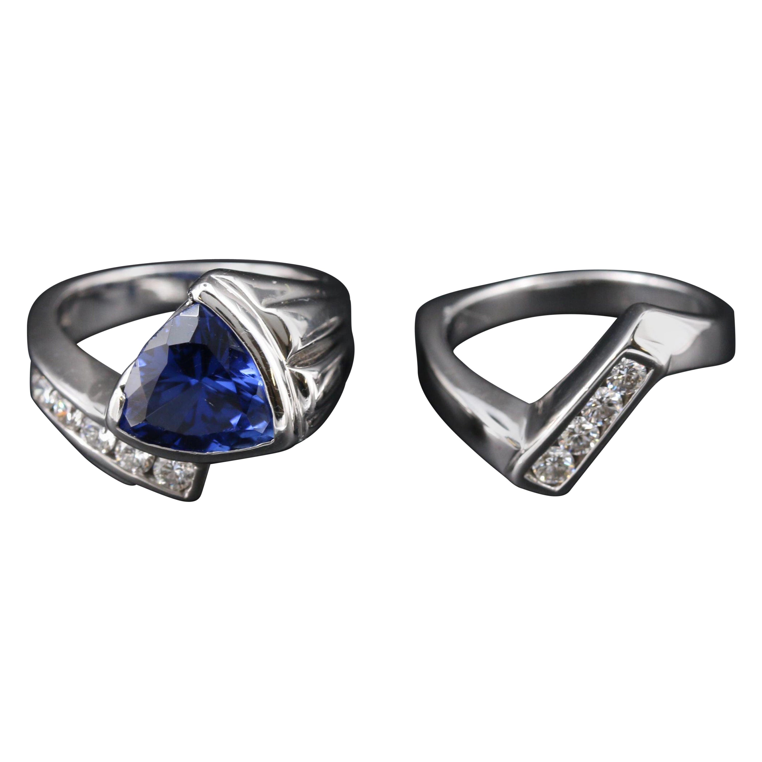 2 Carat Trillion Cut Sapphire Engagement Ring Set Sapphire Diamond Cocktail Ring