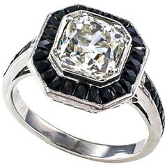 1.85 Carats Old Mine Cushion Cut Diamond Black Onyx Platinum Engagement Ring