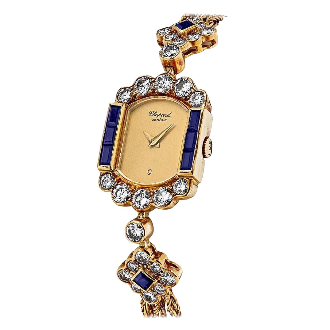 Vintage Chopard Yellow Gold Diamond and Sapphire Watch For Sale