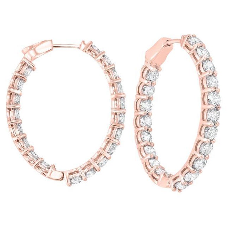 7 Carat Total Weight Diamond Inside-Outside Round Hoops in 14 Karat Rose Gold For Sale