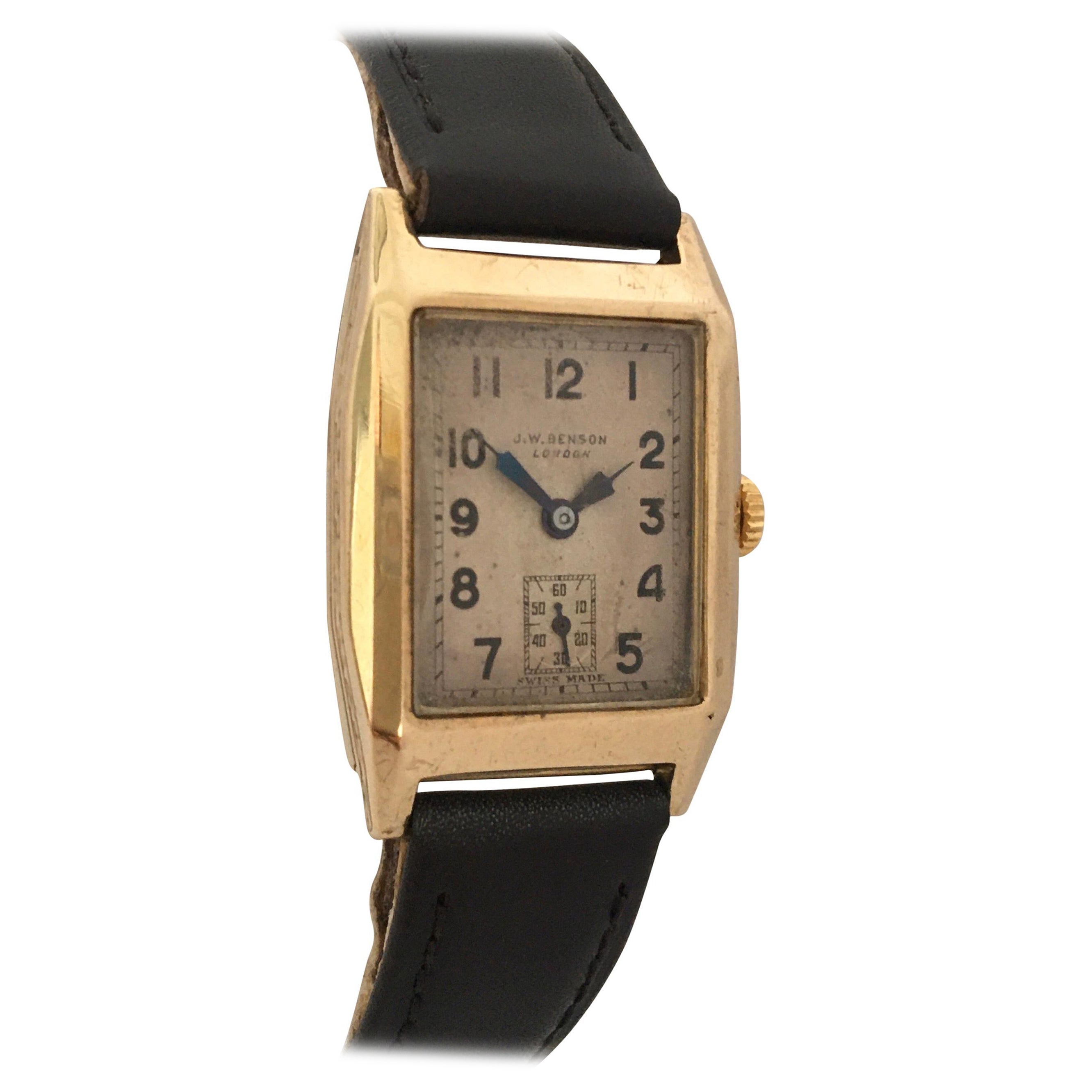 9 Karat Gold Vintage J. W. Benson London Mechanical Watch For Sale