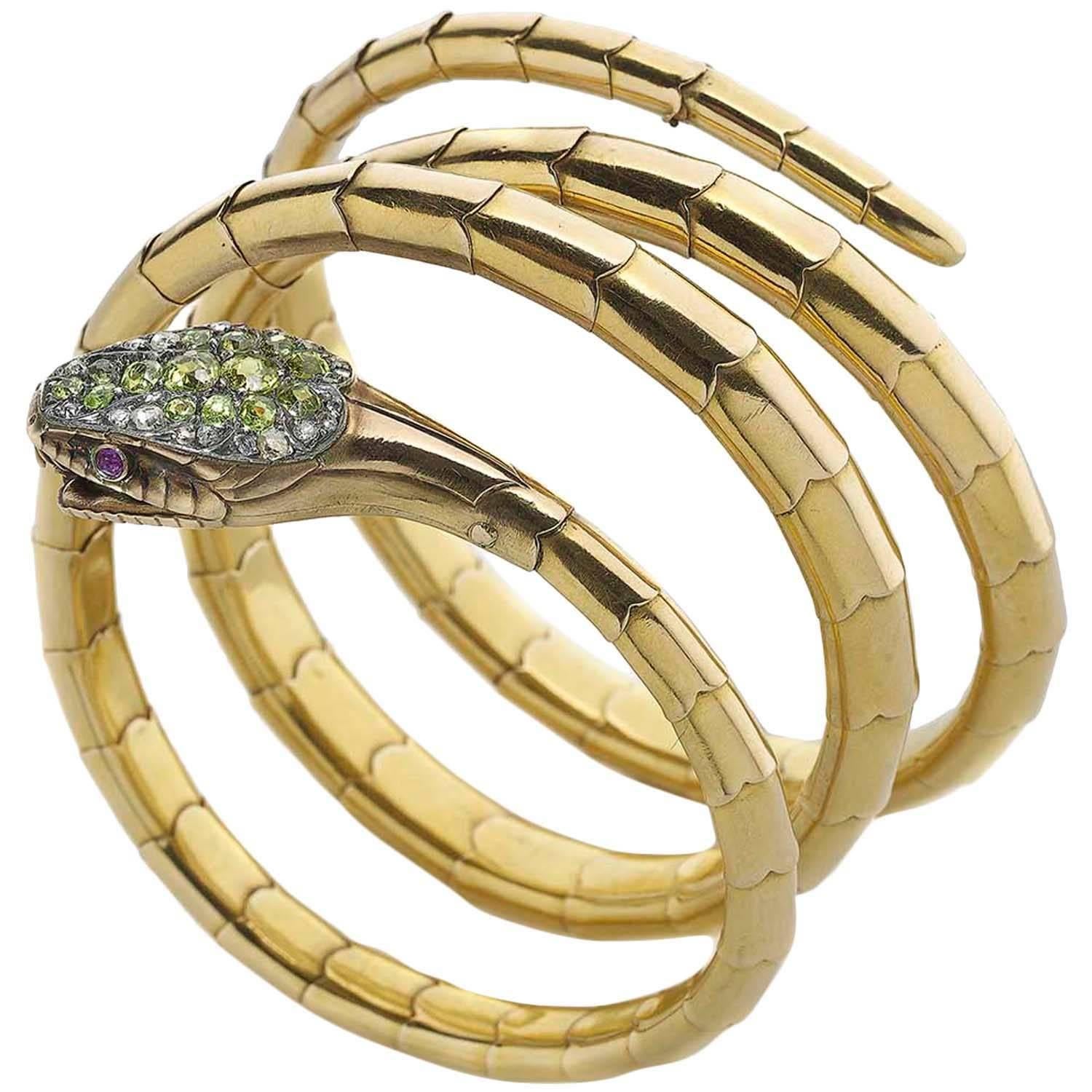Late Victorian Gold Coil Snake Bangle Bracelet