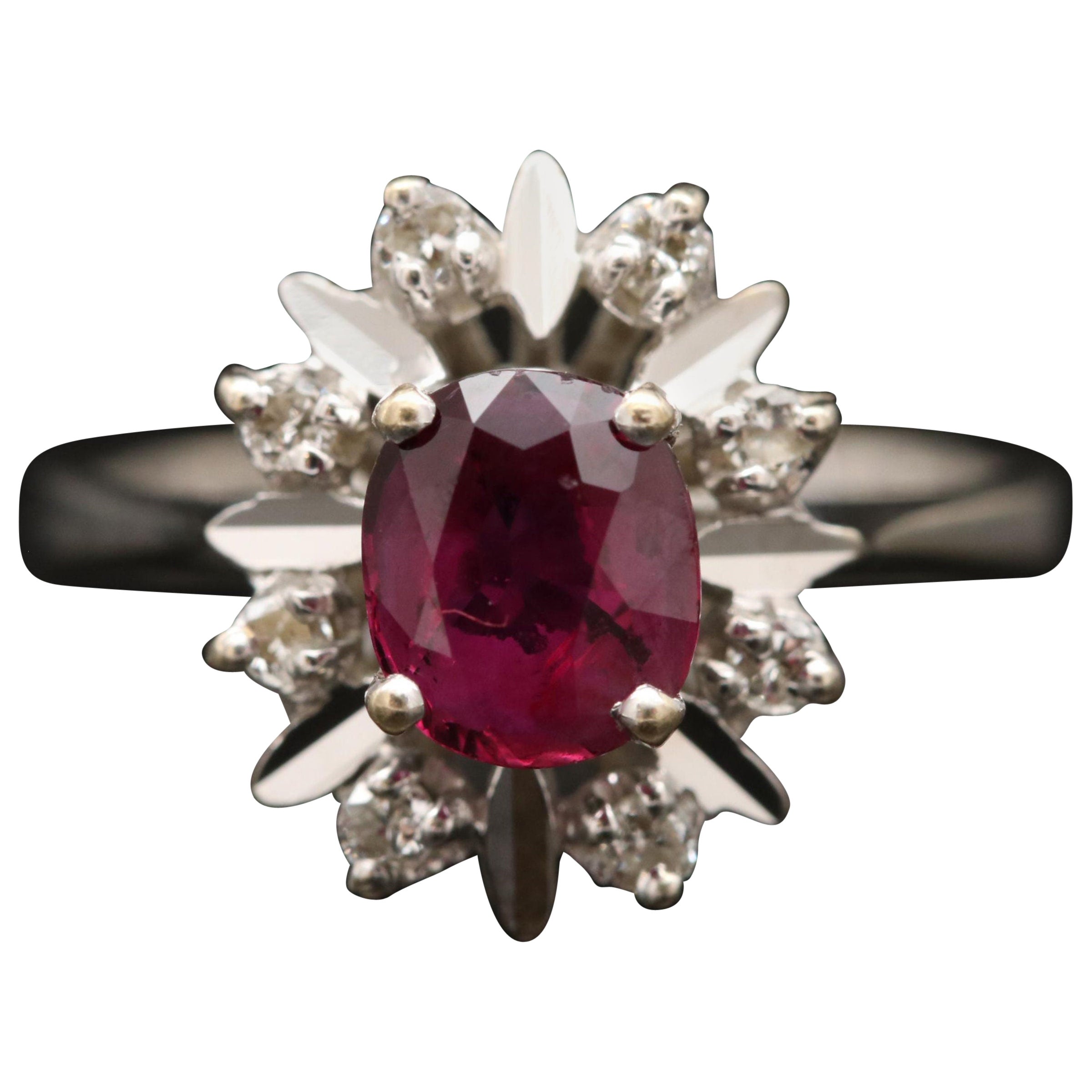 For Sale:  White Gold Floral Ruby Diamond Engagement Ring, Art Deco Ruby Wedding Ring