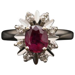 White Gold Floral Ruby Diamond Engagement Ring, Art Deco Ruby Wedding Ring