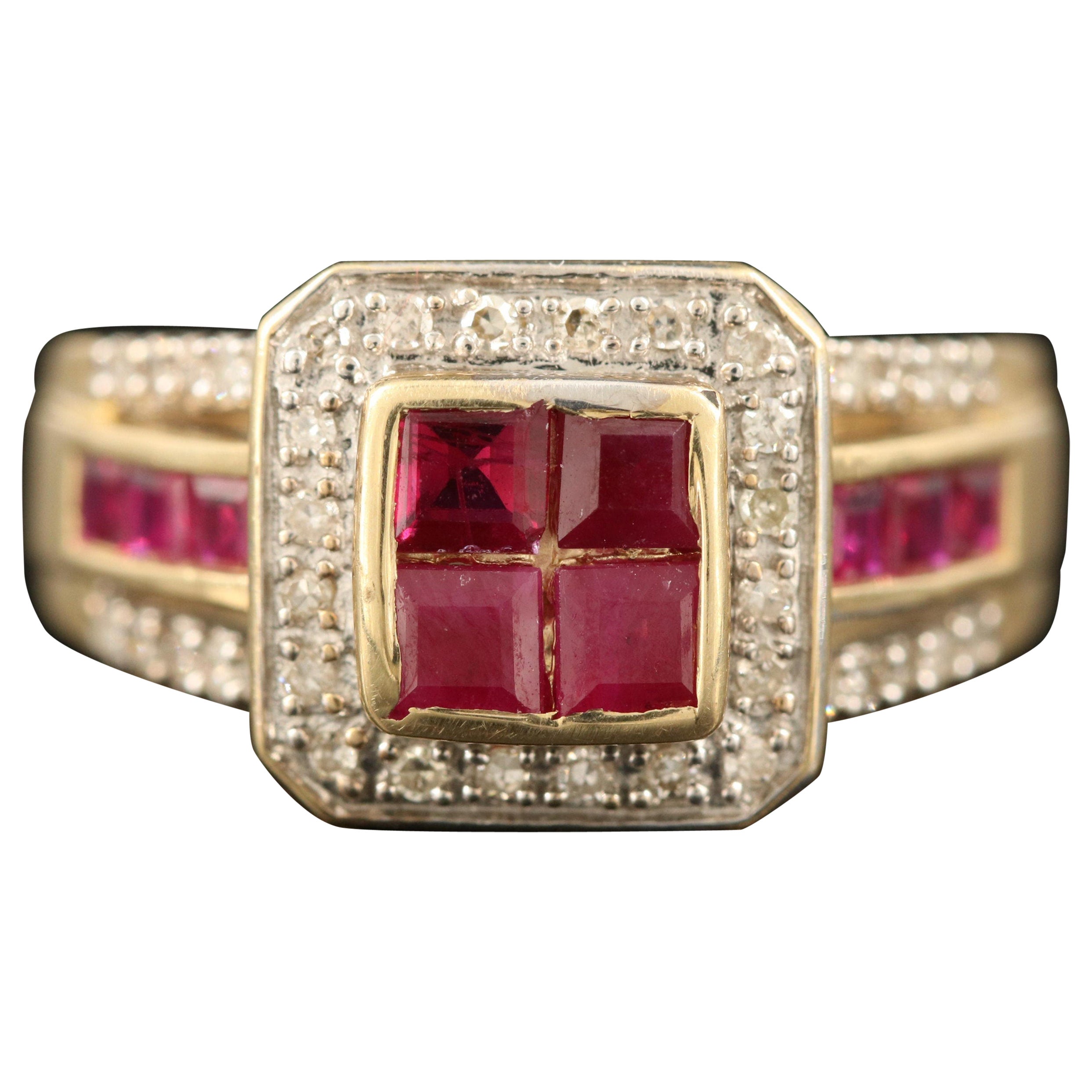 Art Deco Natural Ruby Diamond Engagement Ring Set in 18K Gold, Cocktail Ring