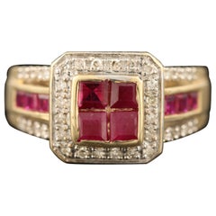 Art Deco Natural Ruby Diamond Engagement Ring Set in 18K Gold, Cocktail Ring