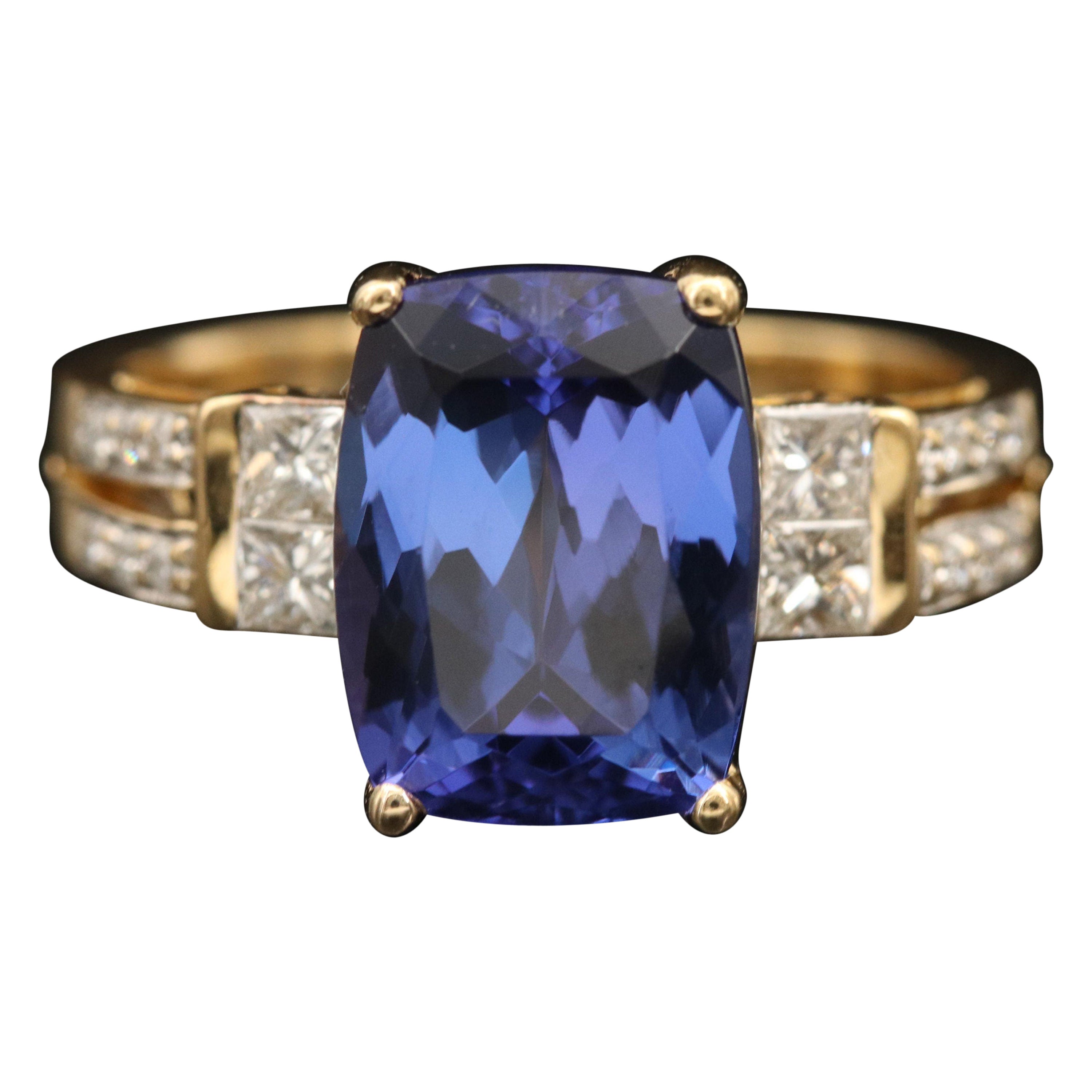 For Sale:  4 Carat Cushion Cut Tanzanite Engagement Ring, Diamond Signet Wedding Band