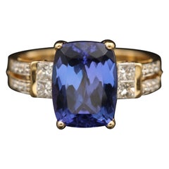 4 Carat Cushion Cut Tanzanite Engagement Ring, Diamond Signet Wedding Band
