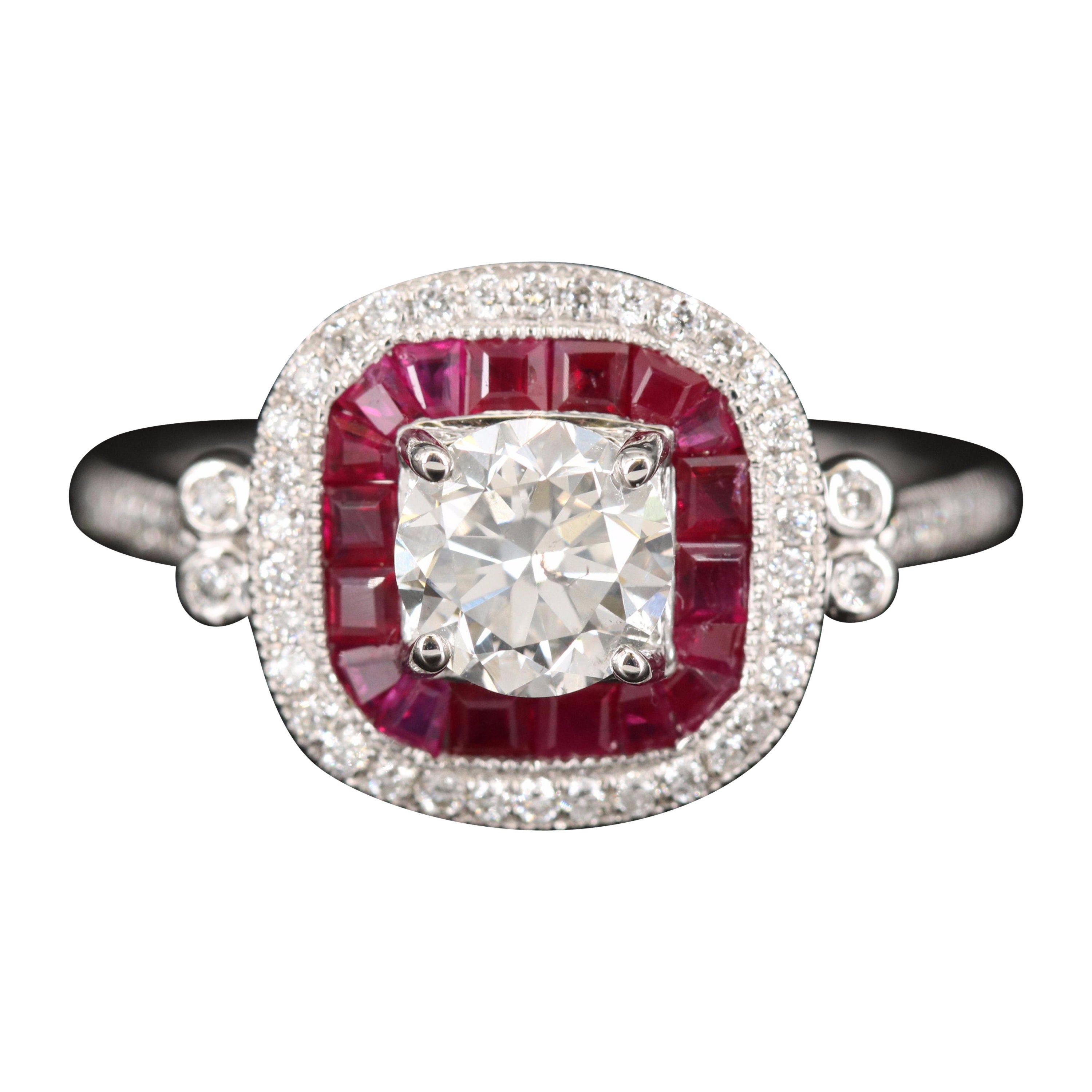 Bague de fiançailles en or blanc, rubis et diamants, bague de mariage Art déco en rubis