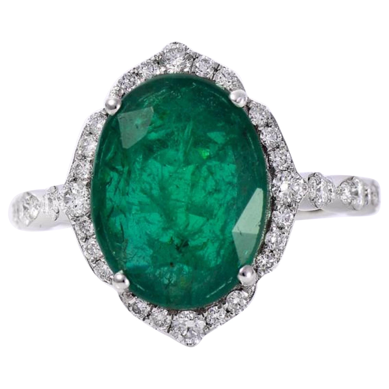 4 Carat Halo Emerald Diamond Engagement Ring Art Deco Emerald Cocktail Ring Band