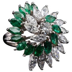 Art Deco Style 2.94 Carat Marquise Cut Natural Emerald Diamond Cocktail Ring