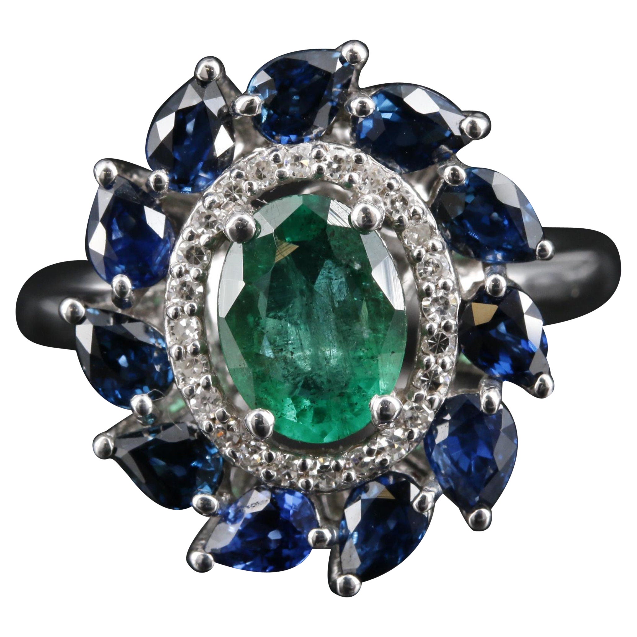 Oval Cut Halo Colombian Emerald Sapphire Diamond Engagement Ring Cocktail Ring