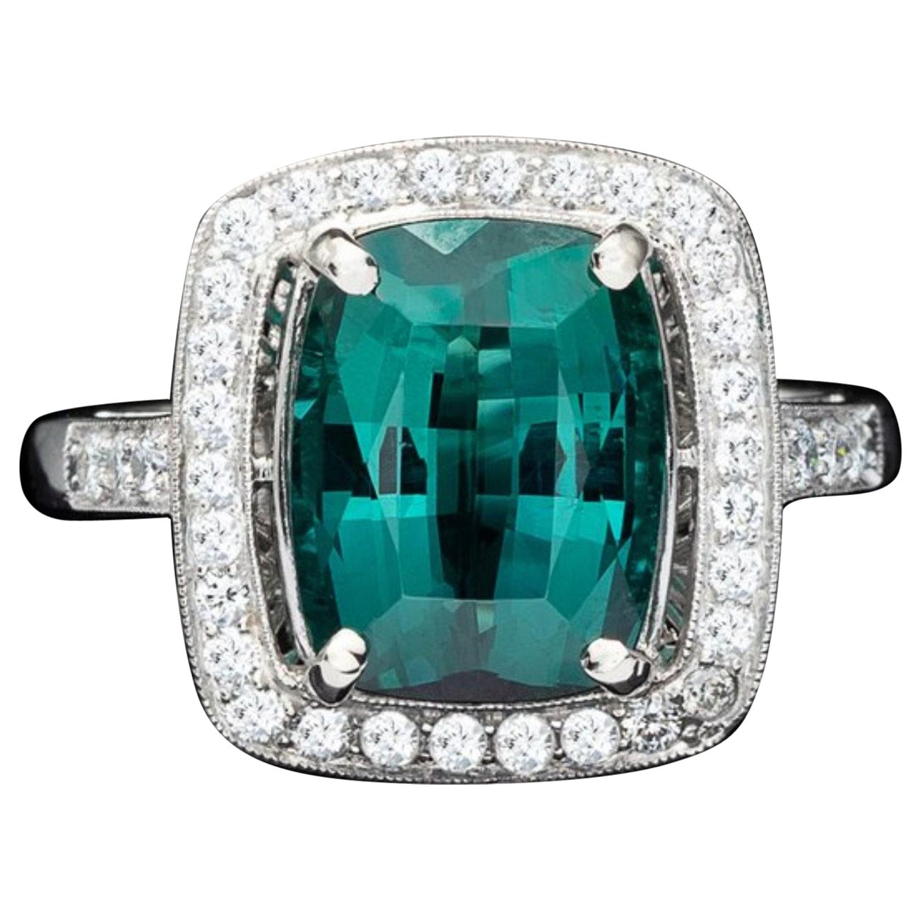 For Sale:  4 Carat Cushion Cut Emerald Engagement Ring Vintage Emerald White Gold Ring