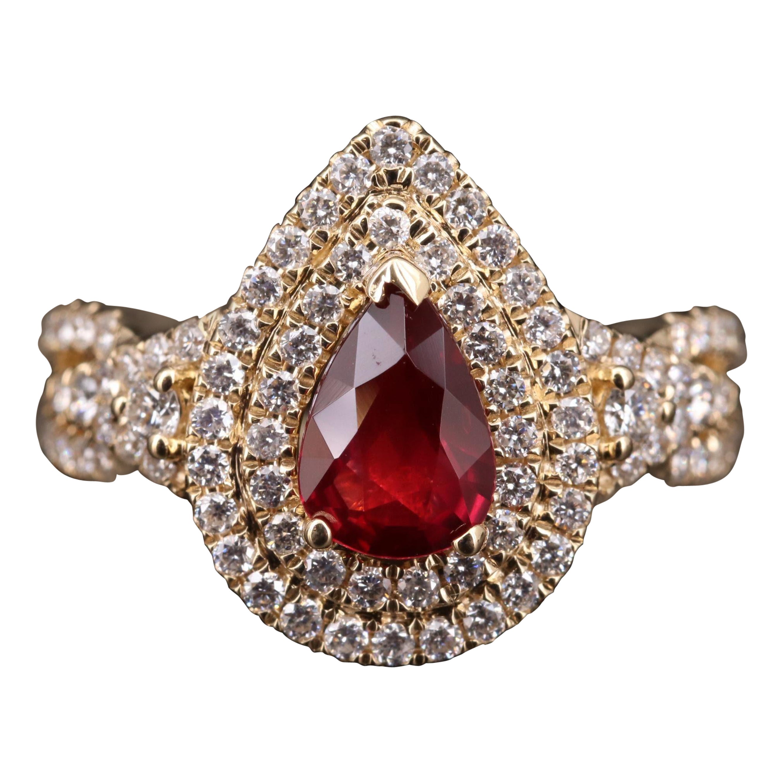 Halo Pear Cut Ruby Engagement Ring Ruby Diamond Yellow Gold Wedding Ring 