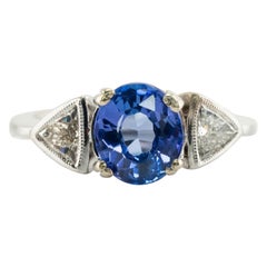 1.5 Carat Round Brilliant Cut Blue Sapphire Diamond Engagement Ring 3 Stone Ring