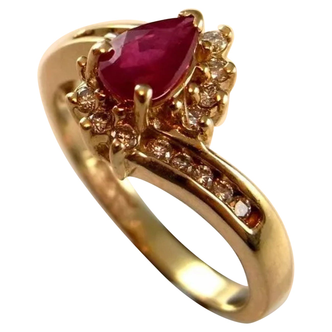 Certified Pear Cut Ruby and Diamond Yellow Gold Engagement Ring Wedding Ring