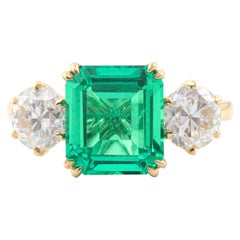 Certified Emerald and Diamond Yellow Gold Three Stone Ring Emerald Wedding Ring