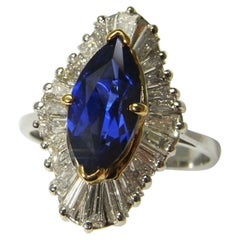 Vintage 2.34 Carat Marquise Cut Sapphire and Diamond White Gold Cocktail Ring