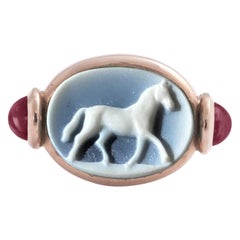 Einzigartiger Unisex-Siegelring, schwarz geschnitztes Pferd, 18 Karat Gold, Turmalin, Onyx, Onyx