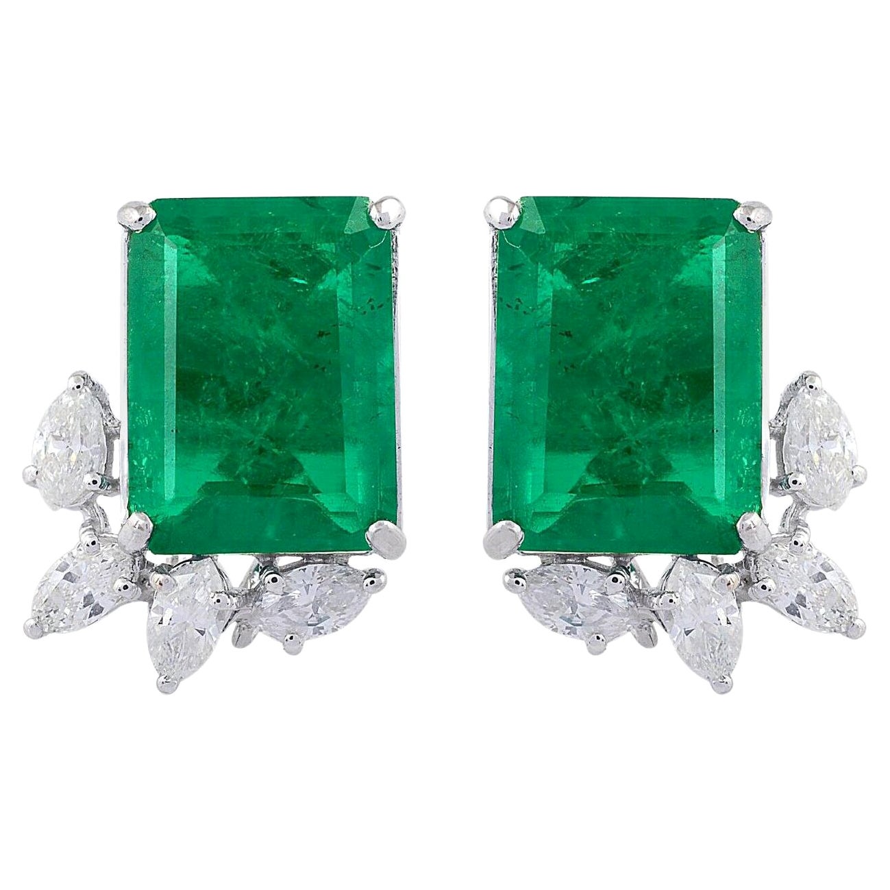 14.80 Carat Carat Zambian Emerald Diamond 14 Karat Gold Stud Earrings