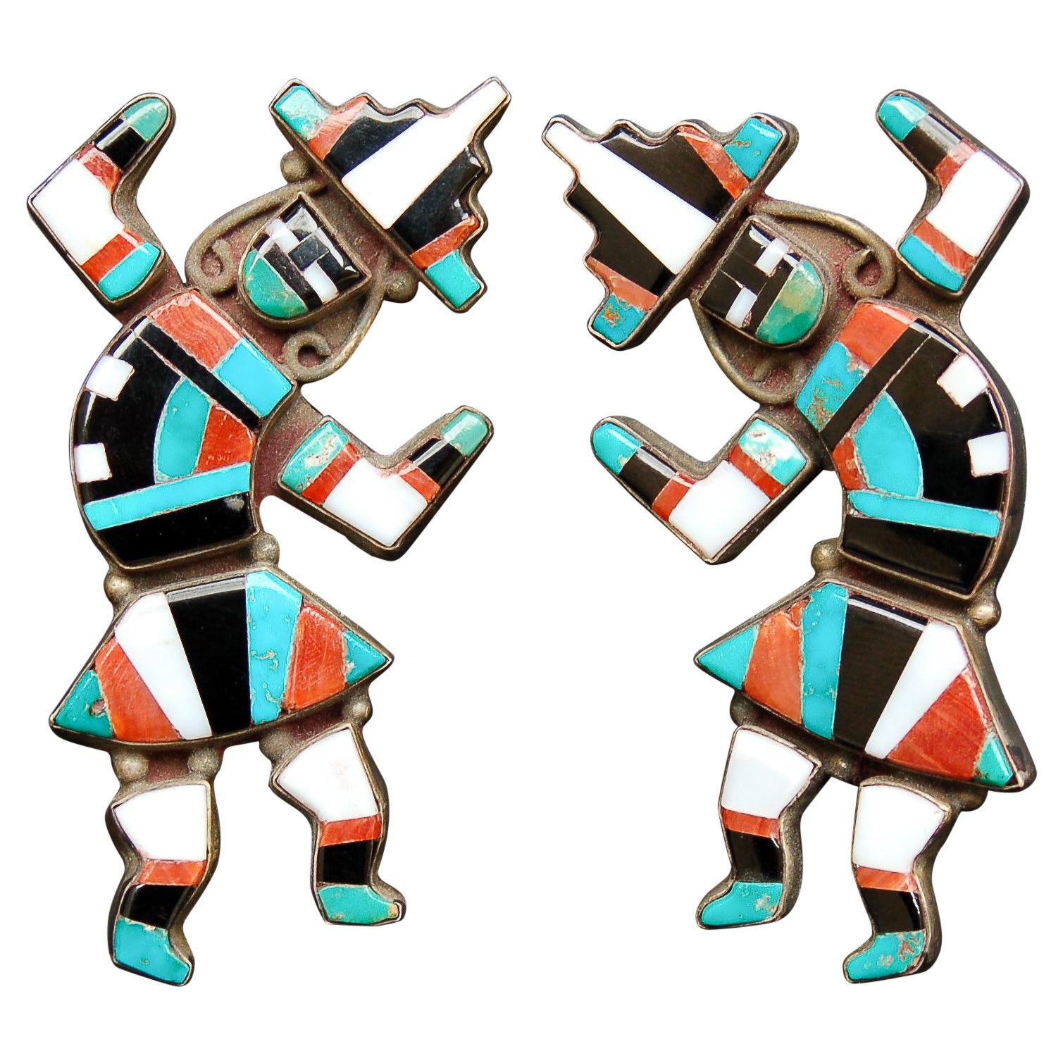 Classic and Rare Matched Pair of Zuni Rainbow Dancer Pins by Merle Edaakie For Sale
